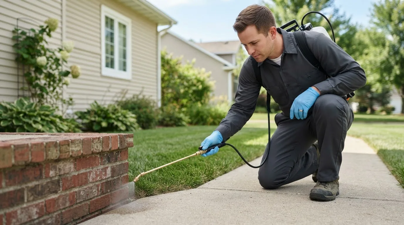 Pest control technician treating a home near Gorham, NH